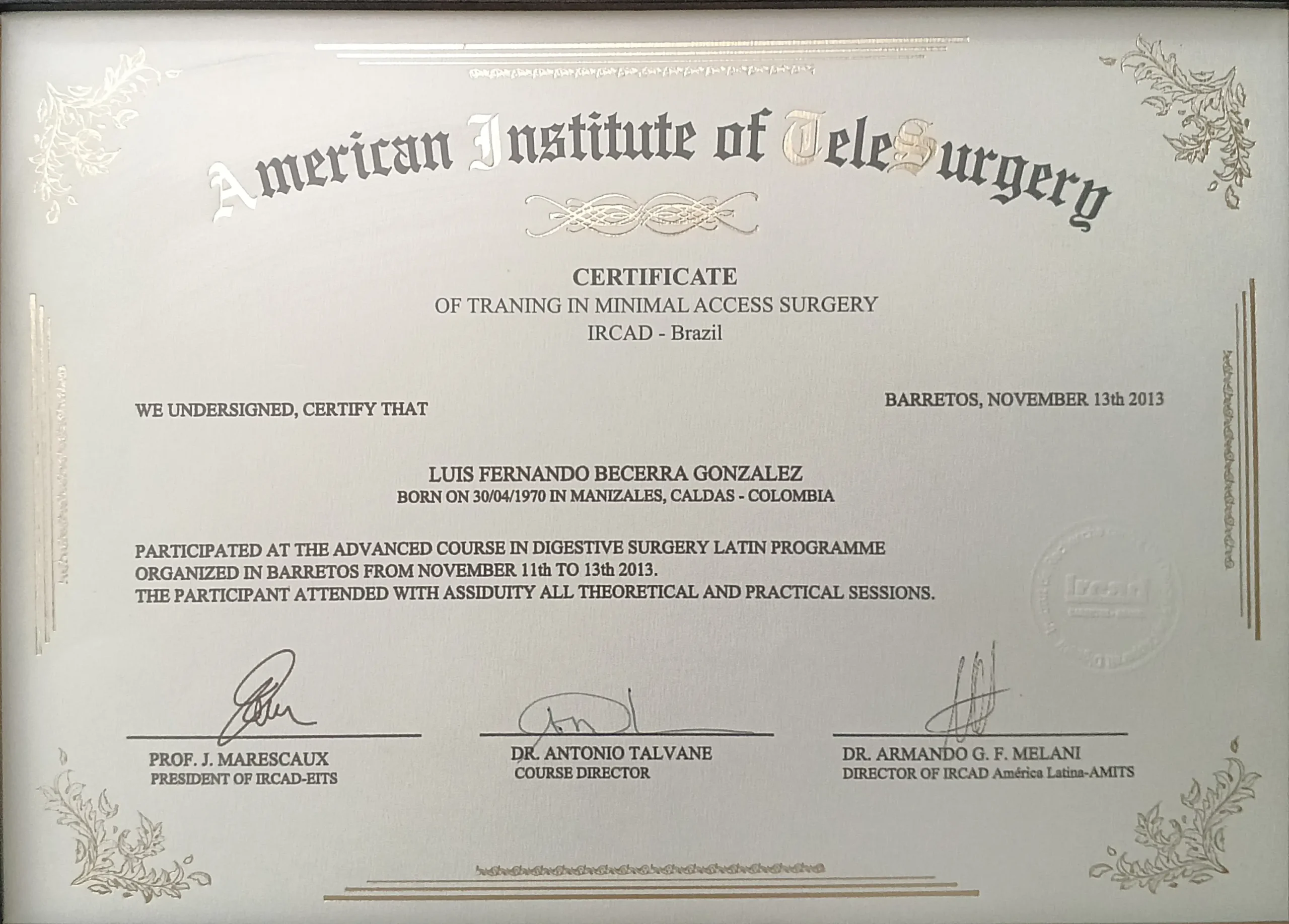 Certificado IRCAD Brasil